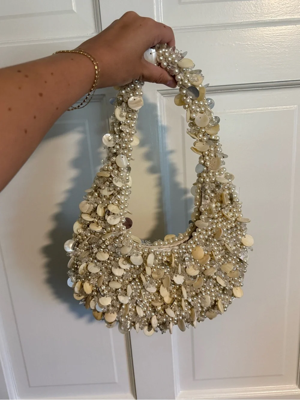 Beaded Pearl Sequin Evening Shoulder Bag - Cream